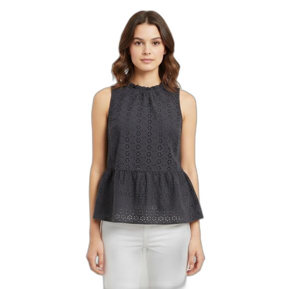 LOFT Gray Eyelet Peplum Top | Medium Cotton Sleeveless - Picture 1 of 9